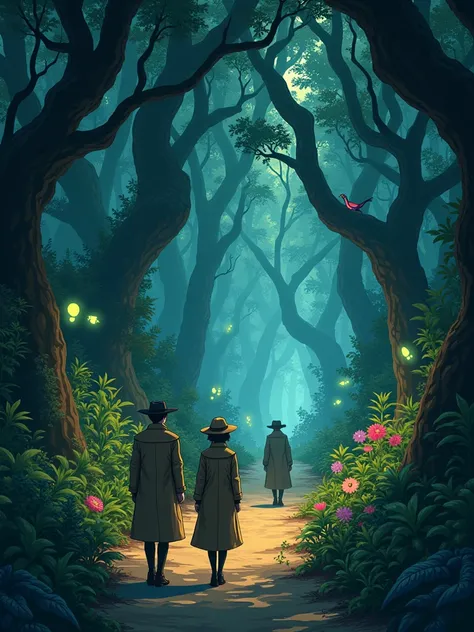 A dense, otherworldly jungle with towering trees whose twisted branches form a canopy that blocks out the sunlight. Detective Bon and Salye, dressed in detective coats, cautiously follow a dirt path marked by strange glowing symbols. A guide, Igan, walks a...