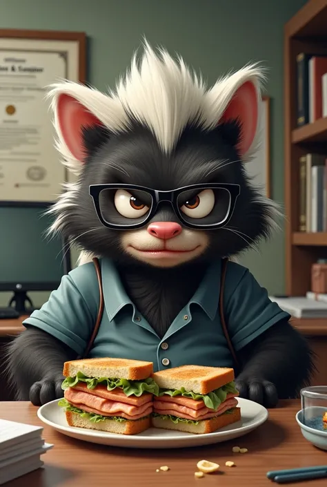 Angry fat skunk with glasses and pants sitting in an office eating tuna sandwiches
