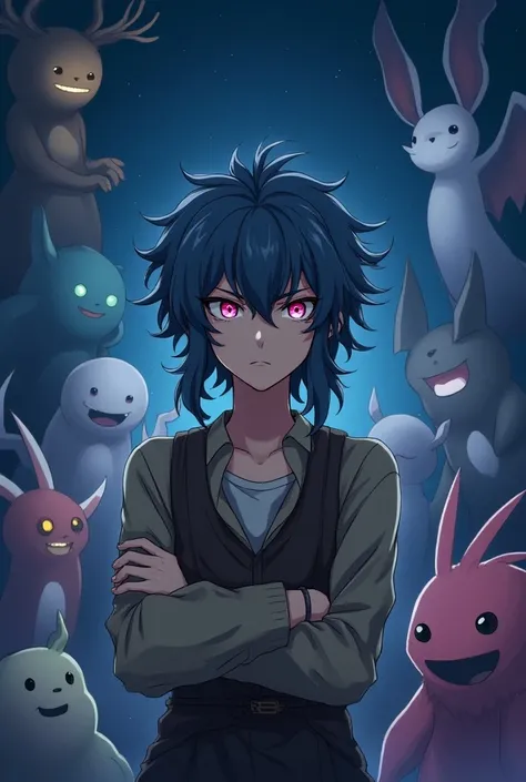 an adult male anime character,  medium blue hair , pink eyes, blue cavanhaque,  peasant clothing , empty semblance, Tonight and many creatures in the background.