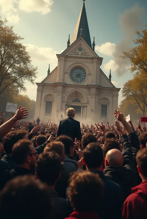 A crowd rounds a politician and stuck in the middle of a church ground