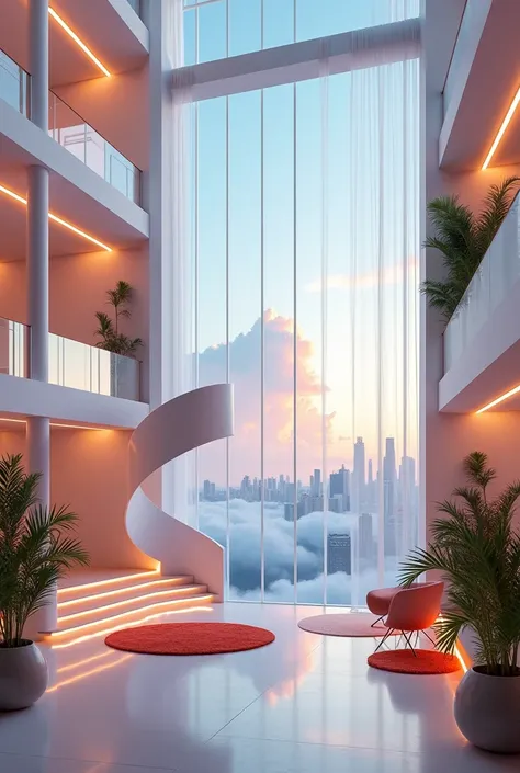 Fantasy style, looks like a good drawing. An amazing New York multi-level huge penthouse with white walls and white floor, overlooking the clouds, the sky, a magnificent city, and with a panorama of the open sky. The most important thing in the interior st...