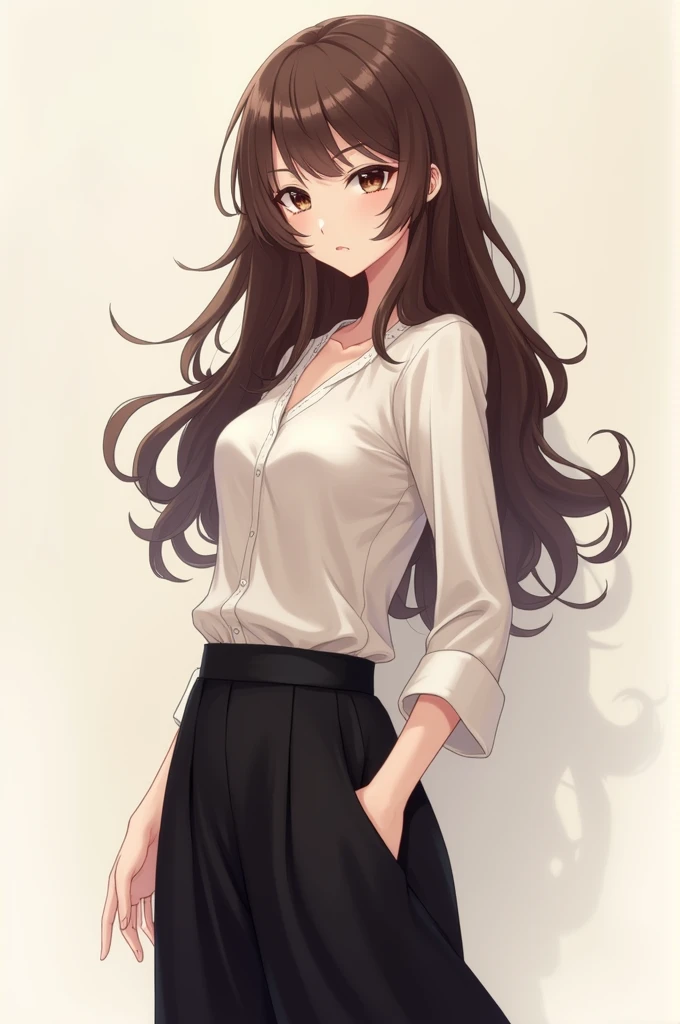 An anime woman, long brown hair up to the ass ,curly wavy hair , brown eyes, a sexy little white blouse and loose black pants with their beauty 