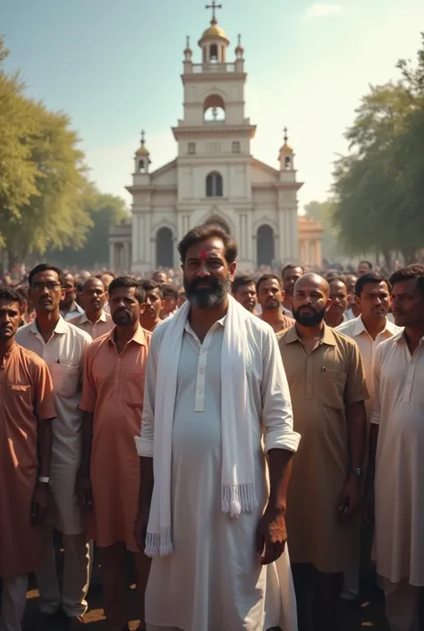 A crowd rounds a politician wearing white shirt and white lunki and stuck in the middle of a church ground