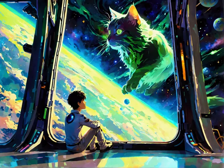 "A man inside a futuristic spaceship floating in the vastness of space, looking out through a large window. Outside, a giant, luminous green cat with cosmic features is devouring planet Earth, which glows with blue and green hues. The background shows star...