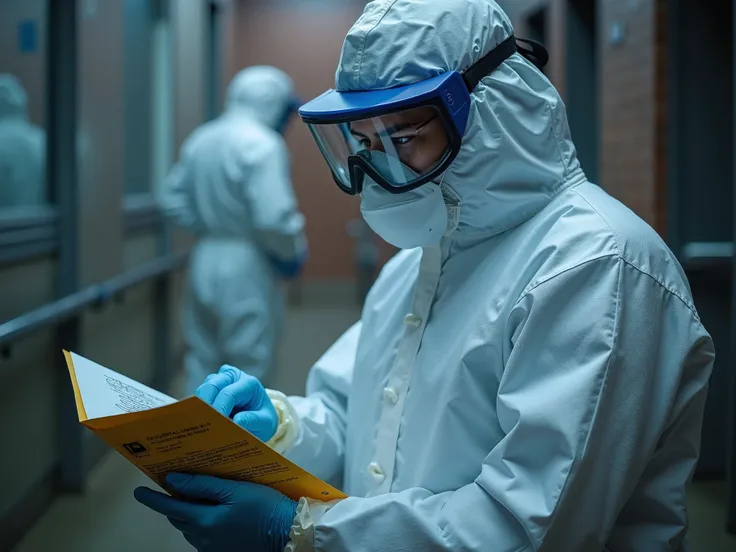  a criminal investigator carrying out a survey at a site of the event,  with a reconstruction of events , and a latent fingerprint ,  where criminal investigation equipment and tools are observed , That the researcher has a biosafety suit