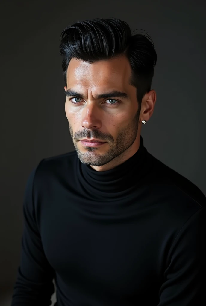 Strong male , beautiful face, black hair, blue eyes, pale skin,  man wearing black turtleneck sweater, At the age of one thirty-five)