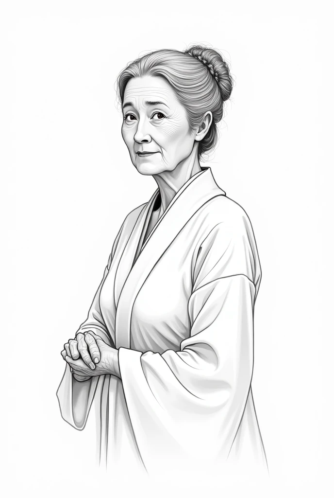 old woman, very elegant. bun hairstyle. Old and very conservative clothing. black and white drawing. transparent background 