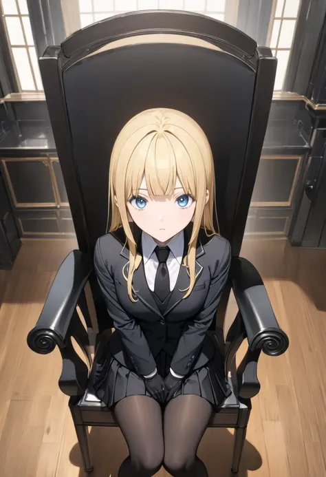 pleated skirt, black miniskirt, full body shot , black stockings , black loafers, black gloves , blonde hair , blue eyes, long sleeves, black blazer, black tie, sit , chair