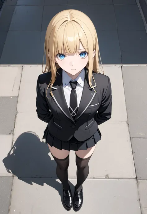 pleated skirt, black miniskirt, full body shot , black stockings , black loafers, black gloves , blonde hair , blue eyes, long sleeves, black blazer, view from above , black tie