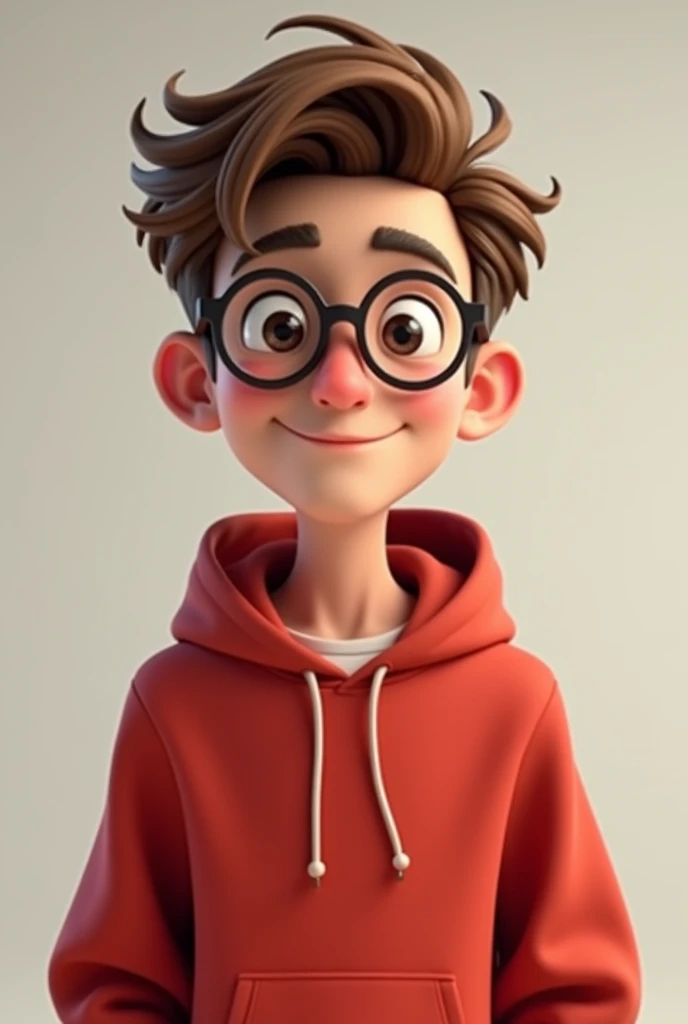 A friendly, youthful look real male character with brownish, messy hair, wearing glasses and a casual red hoodie. He has a relaxed and confident expression, and stand front with full view . The character has a modern and relatable appearance, suitable for ...