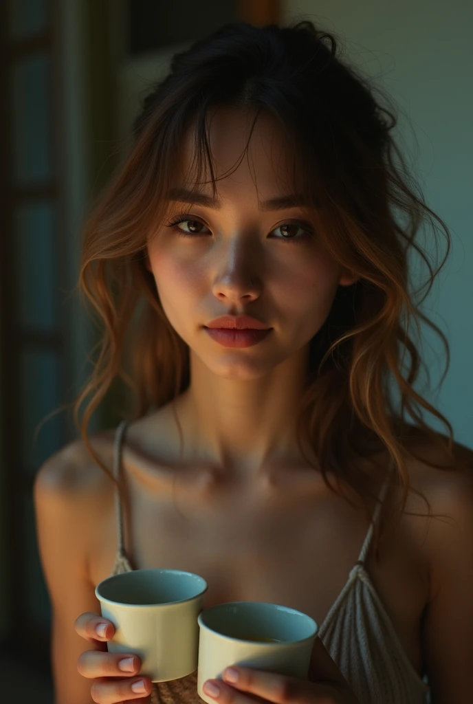 a beautiful 18 year old woman, light brunette, close-up,  next to, loose, makeup, lips, cups, night,  messy hair ,  movie grain, retro, Door 160 color, filmed on ARRI ALEXA 65,  sharp focus on the subject , Fujifilm XT-3