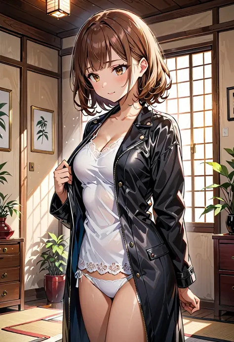  best quality, Super detailed, ( ultra high resolution,8k), Ultra-high definition 4K,-old Japanese woman with long, wavy brown hair and hazel eyes, standing in a minimalist, white-walled room, slowly unzipping her black leather jacket to reveal a delicate ...