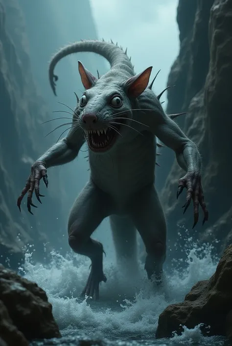 "A grotesque fusion of a rat and a great white shark, combining their features into a disturbingly lifelike creature. The beast has the elongated, streamlined body of a shark, but its skin is patchy, blending rough, gray shark-like hide with patches of rag...