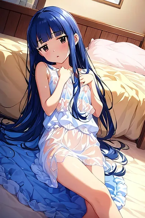 masterpiece、 best quality、Woman 1、Super detailed　、Sparkling Eyes　　  White Camisole 　、betに寝転がる、Lie down　bet, Long Hair,  Short Bang ,  flat chest, Expressionless, shy, sheer clothes, see-through 