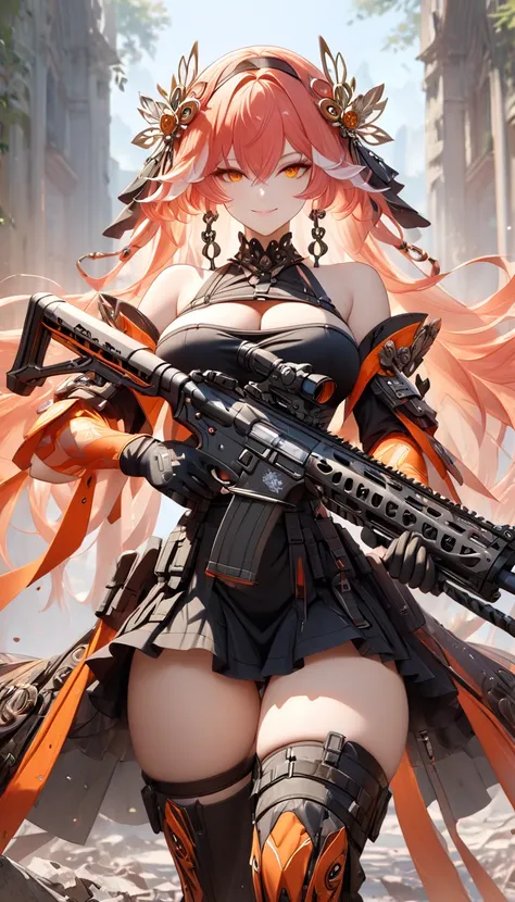 ultra-detailed, 1girl, changli(wuwa), ((masterpiece)), (best quality), (highres), 16K, perfect face, orange eyes, streaked hair, white hair, red hair, bangs, hair between eyes, hairband, wearing dress, tactical gear, wearing black thong, black gloves, tact...