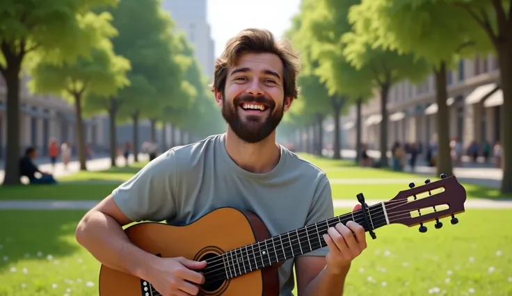 Realistic image of a bearded young man happy and surprised to be able to play the guitar, He is in a square in the center of a city full of trees and grass , is wearing a light gray t-shirt 