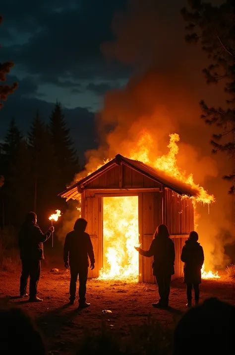 A small hut is being set on fire, and three people are standing nearby, holding torches. It seems like they are the ones who set the hut ablaze. The hut is small, and it is burning intensely. The flames are bright against the dark sky, and the background i...