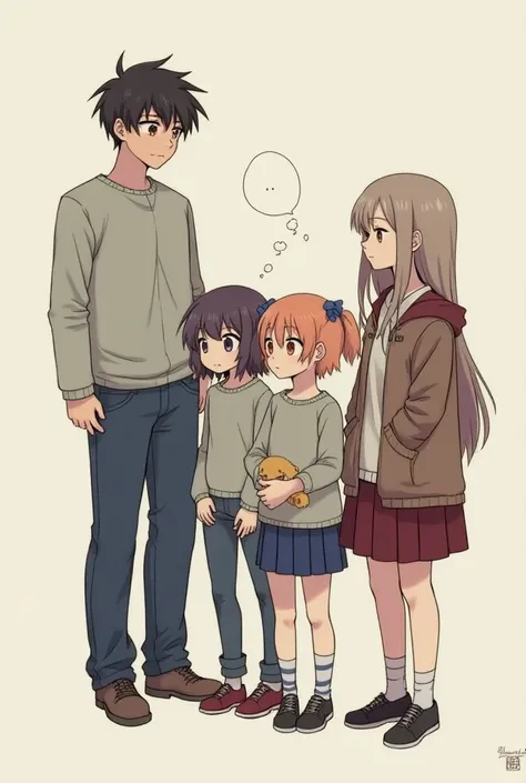 Three girls and a boy. One of the girls, fat girl with long hair ,  another fat girl with short hair and the other tall one with long hair. The boy is tall and is 
Next to the tall girl 
