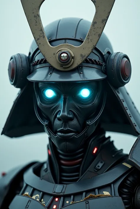  A samurai humanoid robot ,  From half of the face down ,  the deep eyes glowing blue