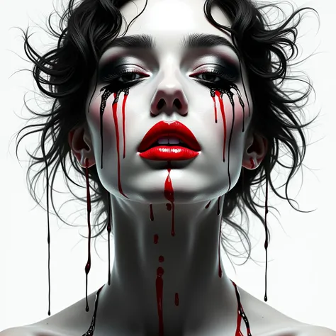 An artistic portrayal of a womans face, predominantly in black and white tones. Her lips are painted a vivid red, with streaks of red paint that seem to be dripping down from her lips and flowing around her face. The background is transparent, allowing the...