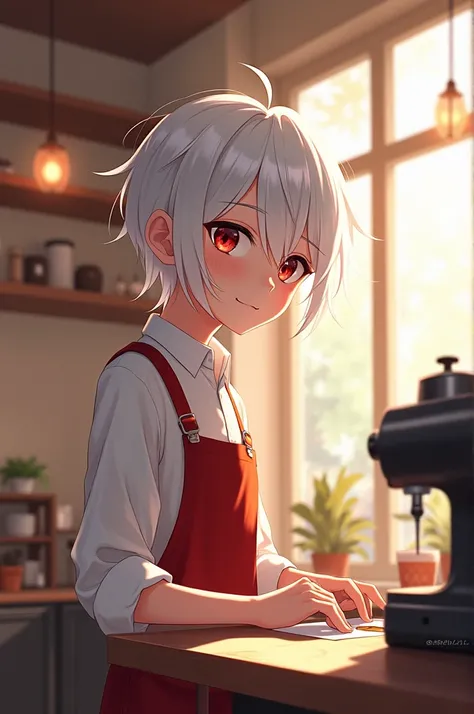 A white-haired boy ,  red eyes and white skin behind a coffee shop bar cleaning the bar, anime style and well-lit environment  