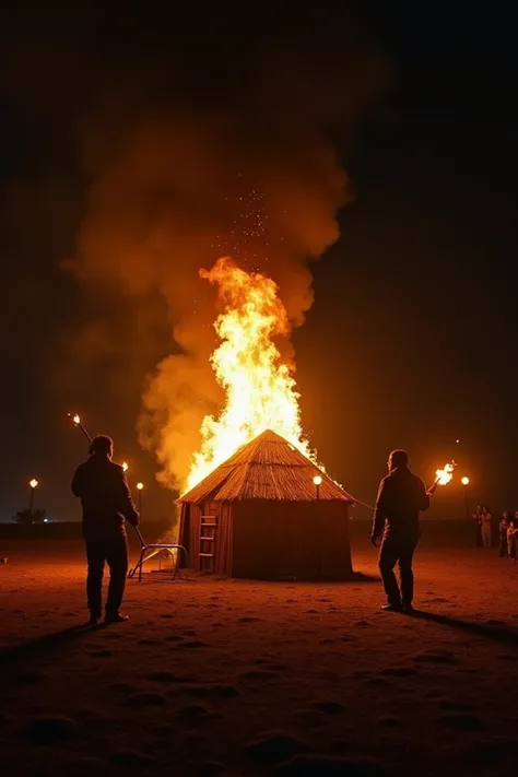 A small hut is being set on fire, and three people are standing nearby, holding torches. It seems like they are the ones who set the hut ablaze. The hut is small, and it is burning intensely. The flames are bright against the dark sky, and the background i...