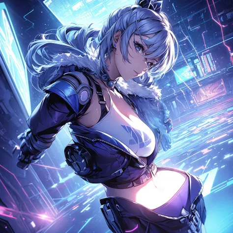 Woman in a futuristic setting.  She must have a serious and confident face