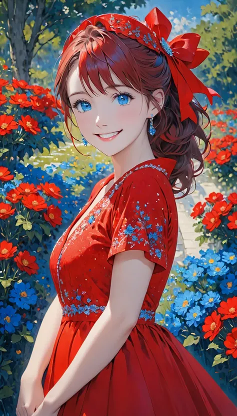 smile red dress blue eyes
