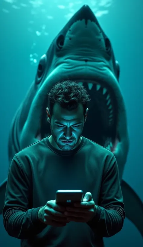 A detailed and high-quality image of a human and a shark inside the ocean. The human is staring intently at screen with a fearful expression, while the shark is behind him, mouth open, ready to attack