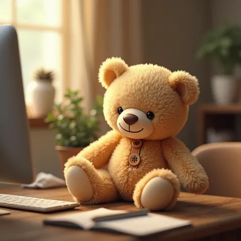 Cute fluffy teddy bear sits on the table near the computer