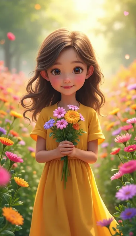 A girl holding flowers in hand wearing yellow one piece . Standing in a flower garden . 