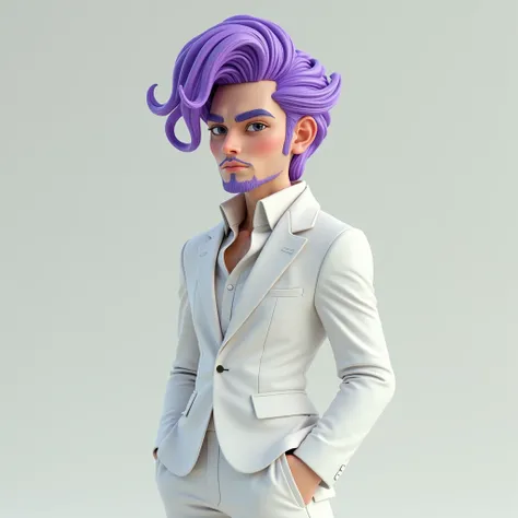 An unbearded male character with purple hair and white suit