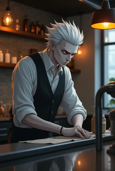  a white-haired man ,  red eyes and white skin behind a coffee shop bar cleaning the bar, anime style and well-lit environment  