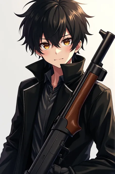 
An anime guy with black hair and brown eyes wears a black leather jacket while carrying a gun