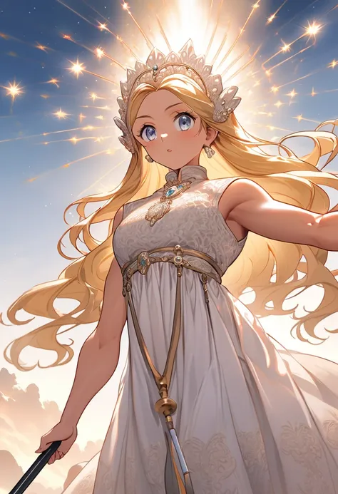 (masterpiece), best quality, expressive eyes, perfect face, a illustration of muscular goddess, she wearing white sheer elegant outfit,her long blonde hair is flowing, and matching head dress,Holding aloft a jeweled wand,the back ground is Endless wastelan...