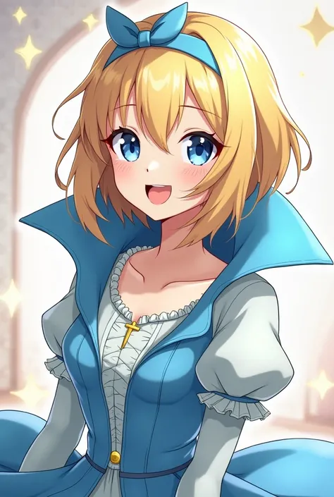 Cute Blonde Anime Princess Maria Robtink with blue eyes wearing a blue headband and wearing a Blue Dress with a Massive Popped Collar taller than her head. Shes Laughing Evilly at you.