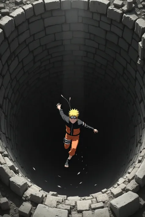 Create a black and white image of Naruto Uzumaki falling into a well HD