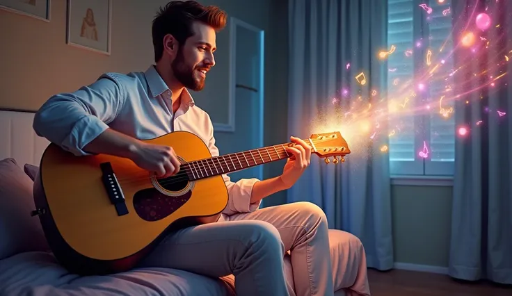 Realistic image of a man in light clothes playing the guitar ,  where the one in the bedroom has a lot of magic in vibrant colors coming out of his hands in the form of musical notes