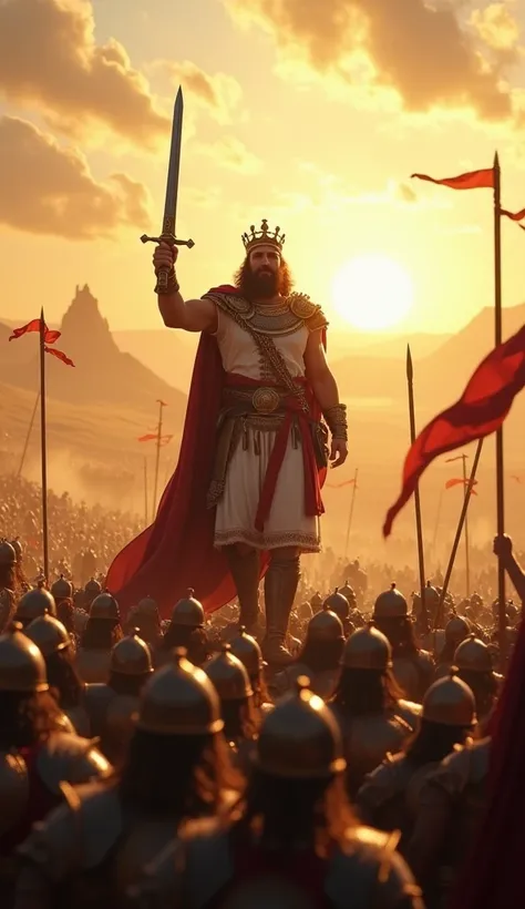 King Saul, a tall and imposing figure with a golden crown and royal robes, stands confidently atop a hill, holding a sword in one hand and gazing over his victorious troops. Around him, his soldiers, clad in bronze and leather armor, cheer and raise their ...