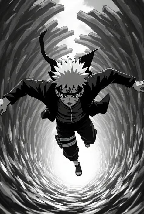 Create a black and white image of Naruto Uzumaki falling into an HD optical well