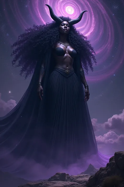 Giant , horned, black women, curly hair, stars, space, purple 