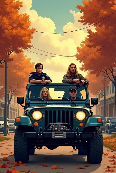 Jeep in the middle of the entrance to the town in autumn ,  two people dressed as police officers in the two front seats ,  a blond man with long hair wearing a jacket and a gun in his hand in the back seat