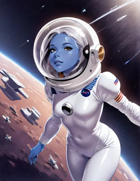 Tanned Woman with silver hair. She is wearing a blue skin-tight space suit with a retro clear dome Astronaut helmet. . She is floating in space 