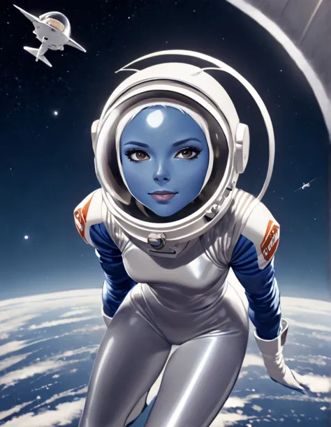 tanned woman with silver hair. she is wearing a blue skin-tight space suit with a retro clear dome astronaut helmet. . she is fl...