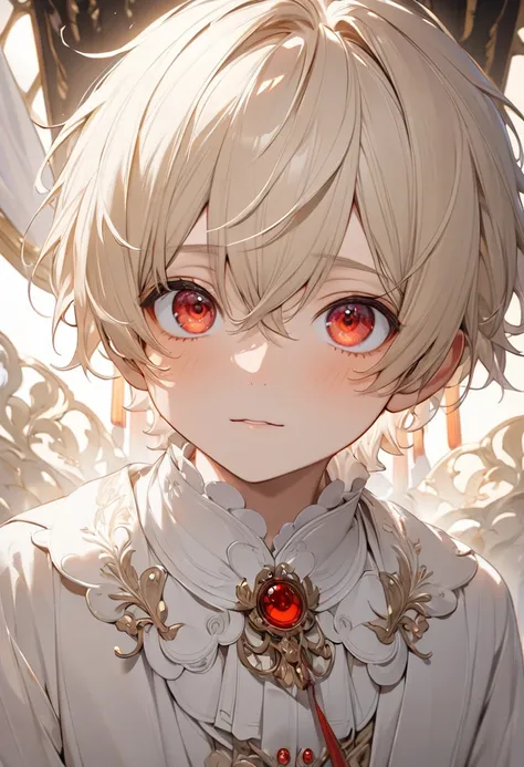 (( of the best quality.)), (( Masterpiece )), ( Details),  boy, (Cream colored hair, Red eyes, (Cute face, Beautiful skin),Diffuse light, ดวงตาที่มี Details, Big round eyes, , 