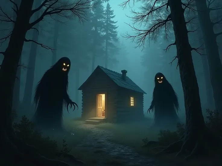 A group of shadowy figures emerging from the forest, their bodies barely visible but with glowing, disembodied eyes and sharp, elongated teeth. They surround the cabin, ready to attack.