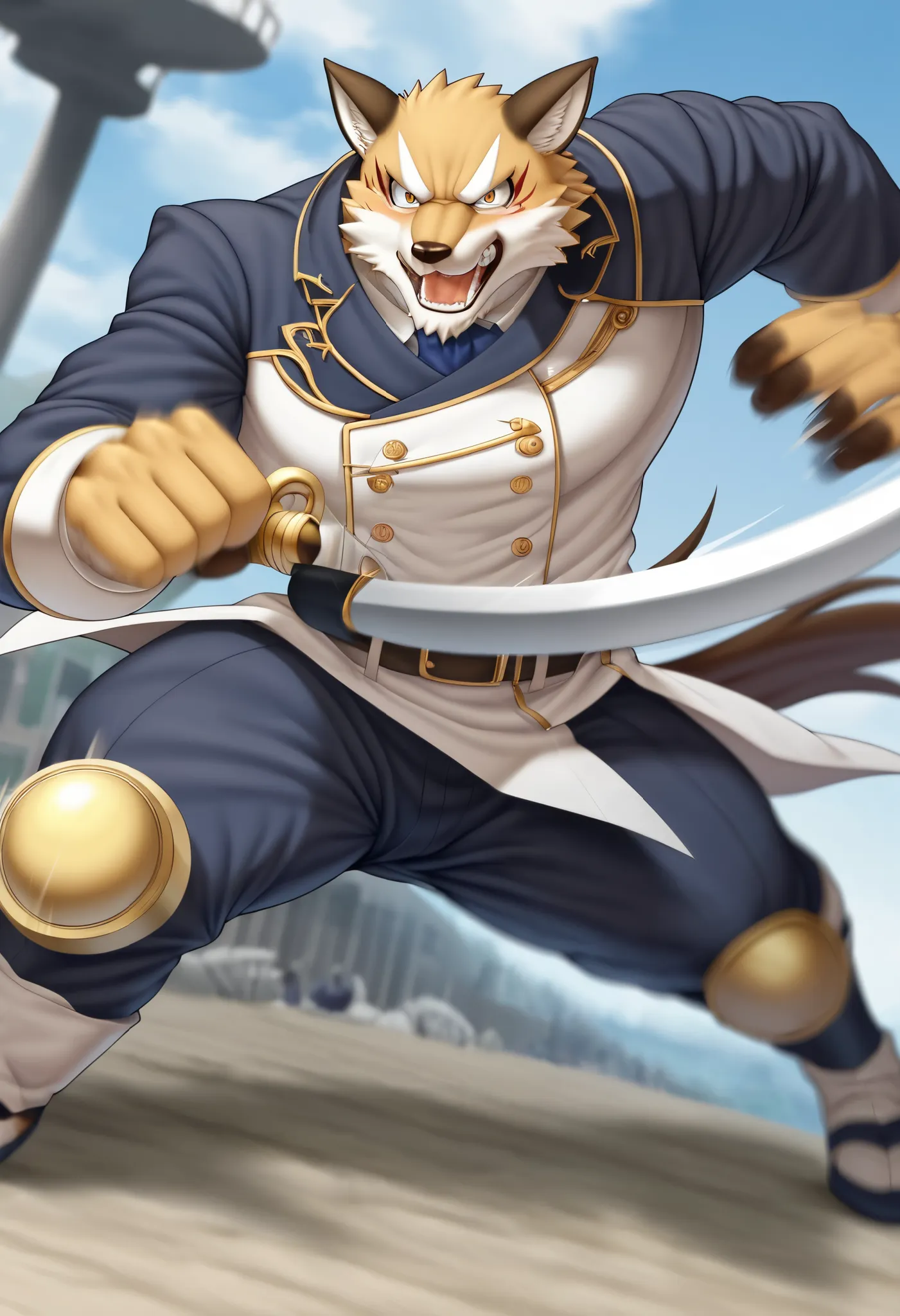 top quality, high-quality illustrations((masterpiece))depth of field, motion blur, absurdres, Perfect Anatomy, magnificent picture of kemono fighting fierce battles, kemono, Anthro((dramatic))epic, weapon, Acrobat, One scene of movie,