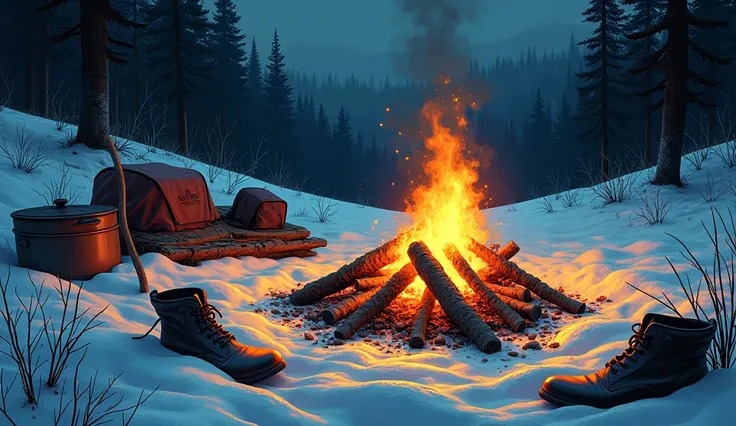 A smoldering campfire surrounded by scattered belongings—boots, torn fabric, and a fallen cooking pot—half-buried in snow. The scene feels eerie and abandoned. Comic book style 
