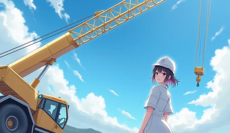 masterpiece,  high quality, highly detailed,  desktop wallpaper 8k, ( crane riding ),  sky , girl 1 person ,  Construction machinery ,  gradient hair ,  hair between eyes , ahoge, age: 16,  looking back ,  pretty face , white neeso ,