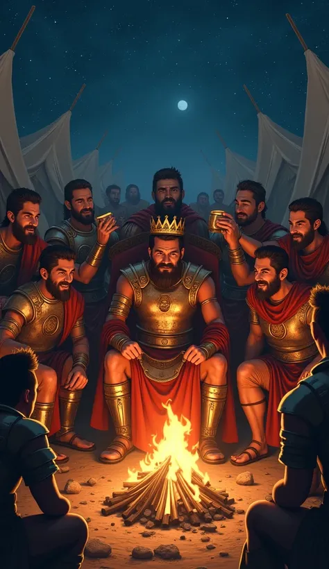 King Saul is surrounded by his jubilant troops, laughing and celebrating after a hard-fought victory. He sits on a makeshift throne, his golden crown slightly askew, holding a goblet as he shares stories and camaraderie with his men. Soldiers in bronze and...